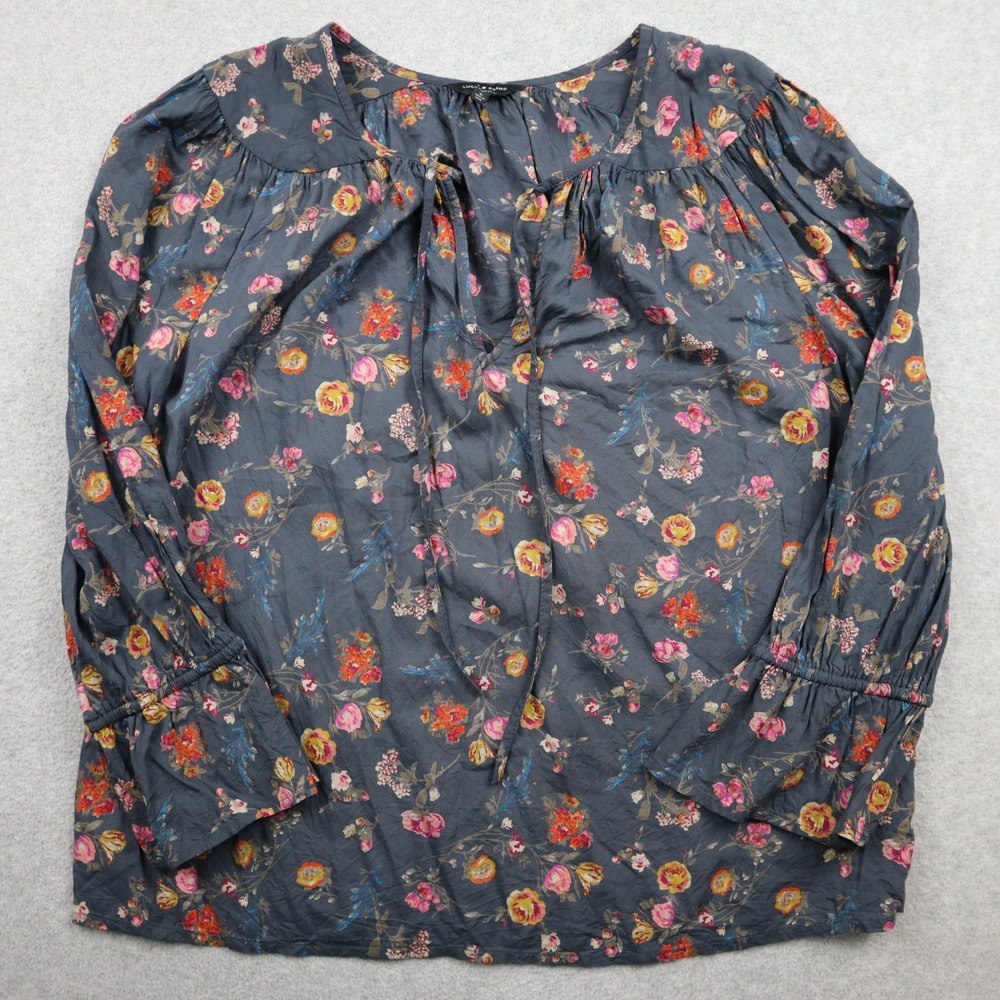 Lucky Brand Floral Peasant Blouse Womens L Blue Gray Long Sleeve Ruffle Tie Top